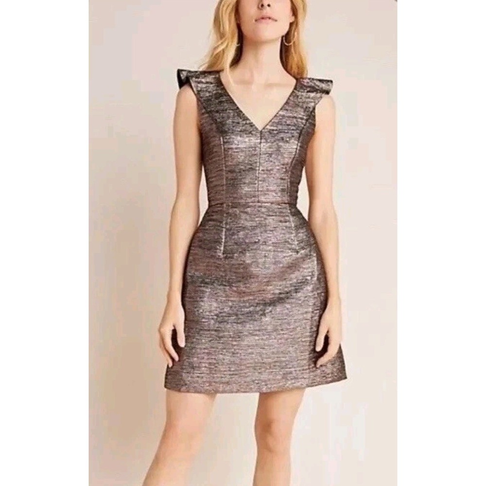 Hutch Anthropologie Metallic Rainbow V-Neck Flutter Sleeve‎ Cocktail Dress 10